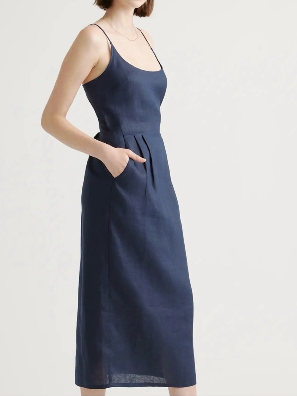 Quince 100% European Linen Scoop Neck Midi Dress M Deep Navy Pleated Pockets